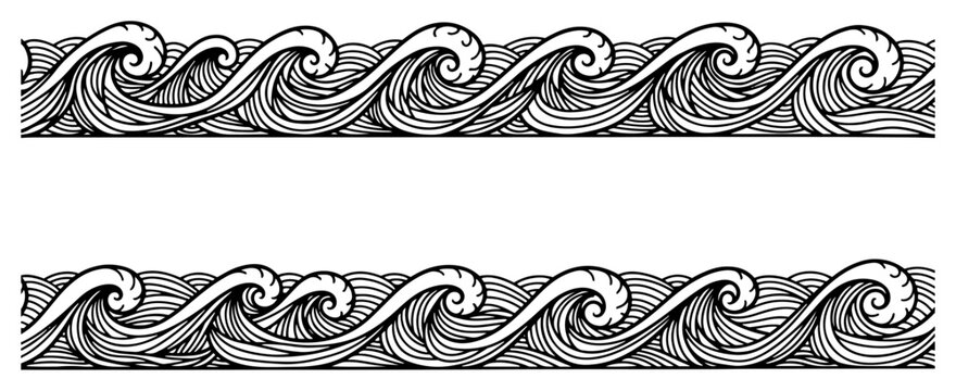 Ocean wave seamless horizontal border patterns in traditional japanese woodblock style