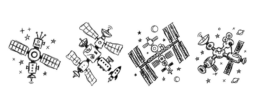 space station , pen scribble , kid Hand drawn , vector
