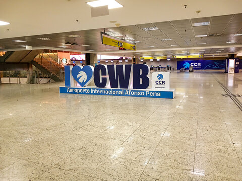 Sign with the abbreviation CWB for the city of Curitiba, the IATA code for Afonso Pena International Airport, S&atilde;o Jos&eacute; dos Pinhais, Paran&aacute;, southern Brazil.
