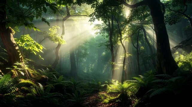 Slow motion tracking shot of sunlight shafts filtering through dense temperate forest undergrowth at morning with dappled backlit foliage
