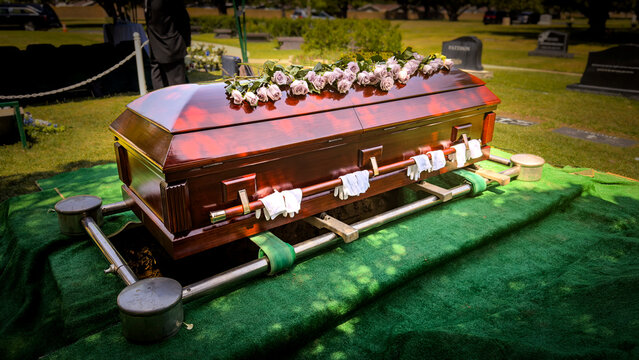 Above view of a brown casket with pallbearer gloves covered with individual roses at a gravesite