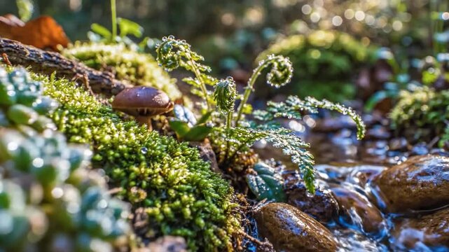 Cinematic Macro Pan Of Lush Green Moss Young Fern Fronds And Succulents On A Wet Forest Floor With Sparkling Sunlight