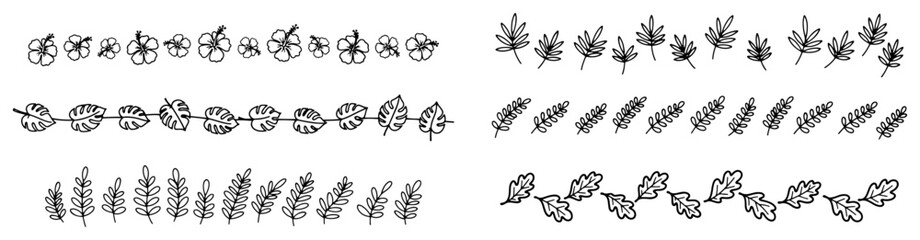 Obraz premium Floral and foliage decorative borders featuring various leaves and flowers in hand drawn doodle style