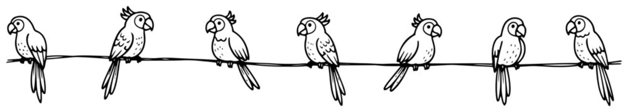 Parrot silhouettes sitting on a wire in a horizontal row in hand drawn doodle style