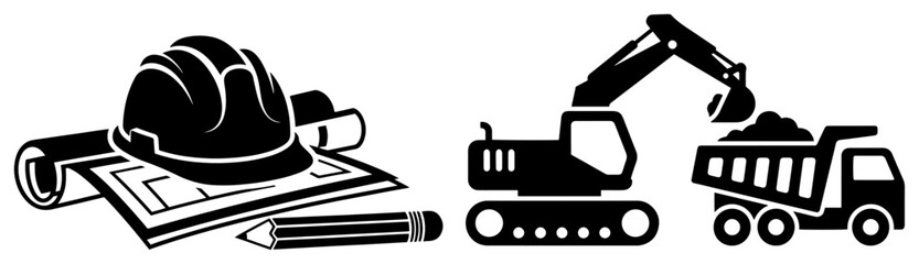 Construction site equipment including excavator dump truck and hard hat on blueprints in minimalist vector style © Aisha Kudorova