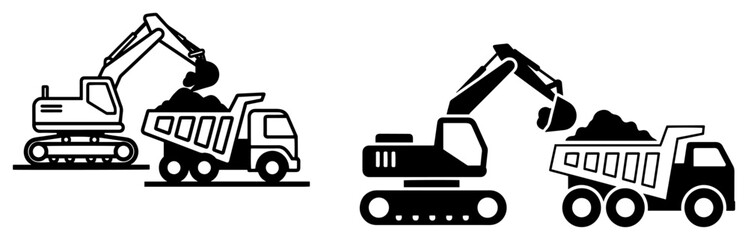Excavator loading dirt into dump truck construction site icons in minimalist style © Aisha Kudorova
