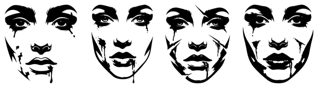 Woman faces with smeared makeup and tears expressing sadness or trauma in dramatic monochrome style