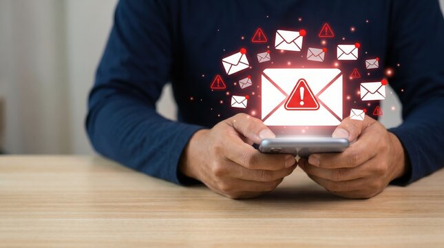 A person holds a smartphone displaying digital email spam alerts with warning symbols representing cyber security threats phishing and data privacy risks