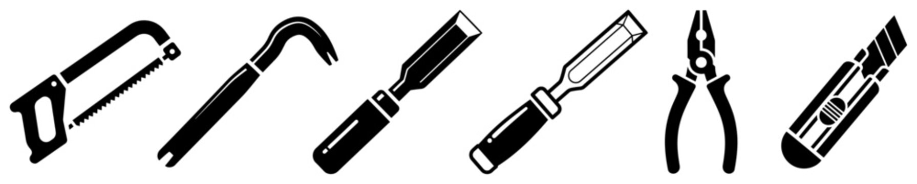 Hand tools horizontal border with hacksaw crowbar chisels and pliers in black style