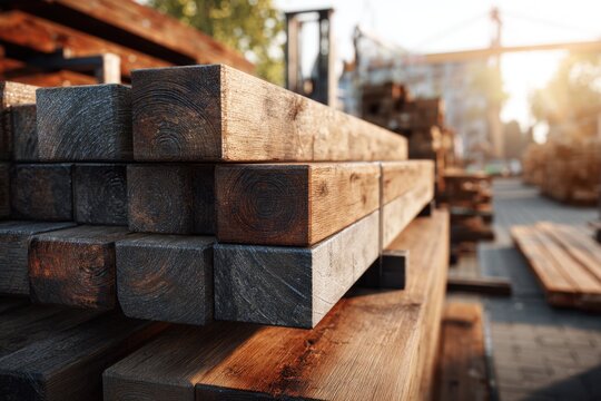 Stacked wooden beams arranged neatly outdoors at a lumber yard with sunlight casting warm tones on natural wood textures and grain patterns