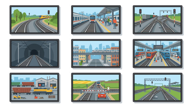 A collage of nine diverse railway scenes, including tracks, stations, tunnels, crossings, and control panels, highlighting various aspects of train travel.