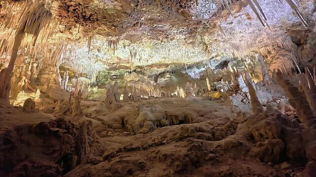 Textured limestone formations in an illuminated cave in Mallorca