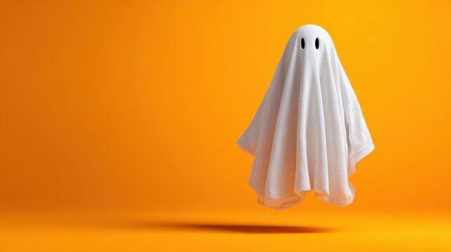 A simple cartoon-style white ghost figure floating against a vivid orange background casting a shadow beneath in a fun spooky concept image
