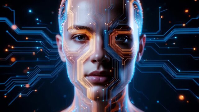 Slow motion tracking shot of woman's face merging with digital circuitry and glowing interface in futuristic laboratory
