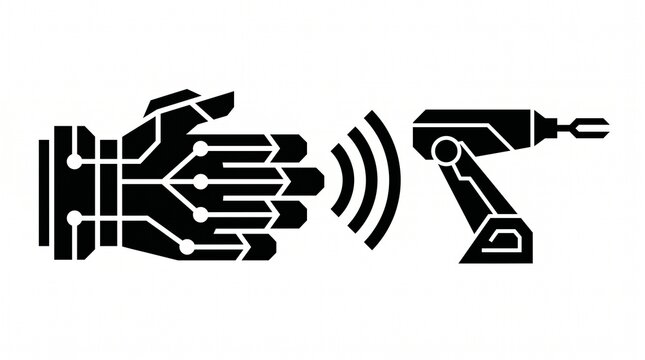Black and white flat vector icon of a robotic hand wirelessly controlling an industrial robotic arm representing remote automation and mechatronics