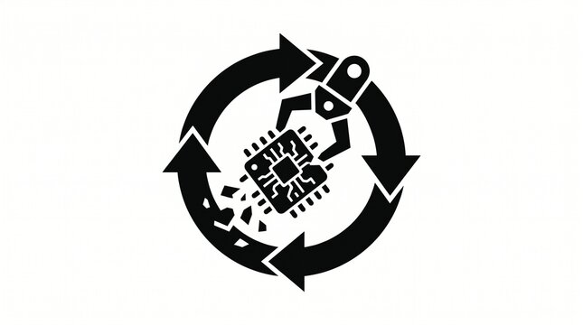 Black glyph icon of a robotic arm recycling a microchip inside a circular arrow loop.