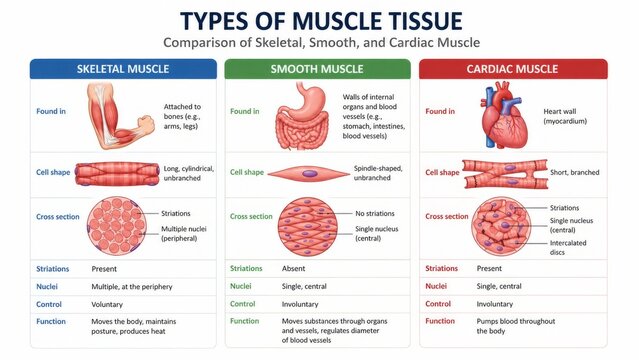 Types of muscle tissue comparison chart illustrating skeletal smooth and cardiac muscle anatomy. Educational biology infographic diagram for medical study and human physiology