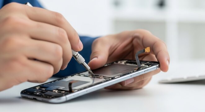 Repairing smartphone with precision tool and adult male hands for technology maintenance and electronic device care concept