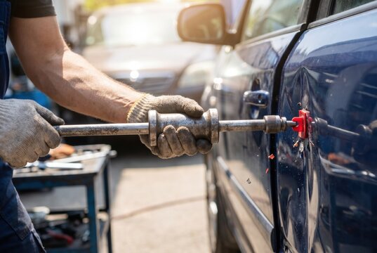 Auto body mechanic using a slide hammer dent puller to repair damage on a blue car door