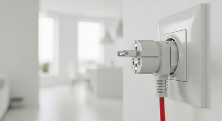 Naklejka premium Close-up of a power plug connected to a wall socket in a modern kitchen interior. concept of electricity, home appliance, kitchen decor, copy space