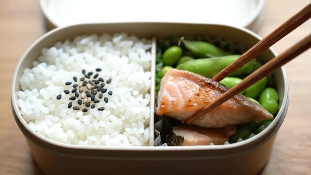 Delicious Japanese bento box with salmon and vegetables.