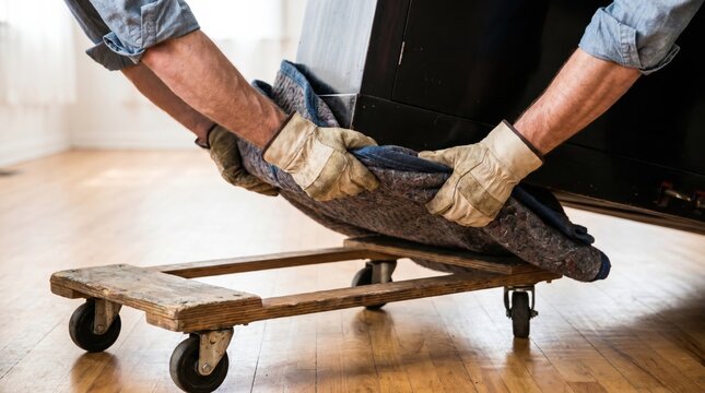 Movers in gloves loading a heavy wooden cabinet onto a moving dolly in a room