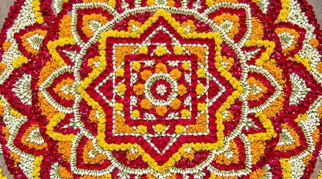 Circular mandala pattern made of red rose petals, yellow marigold flowers, and white jasmine buds