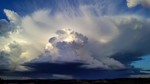 Time lapse panoramic view of towering storm clouds developing over rural landscape at golden hour