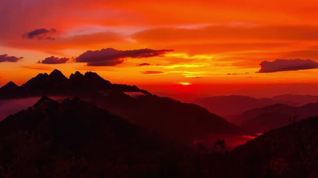 Time lapse pan of mountain range silhouette with sun descending and colors shifting over layered valleys at sunset