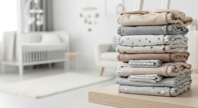 Stack of soft baby diapers in pastel colors in a cozy nursery room. concept of infant care, comfortable textiles, newborn essentials, copy space