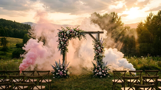 Outdoor wedding arch decorated with flowers and surrounded by pink and white smoke bombs