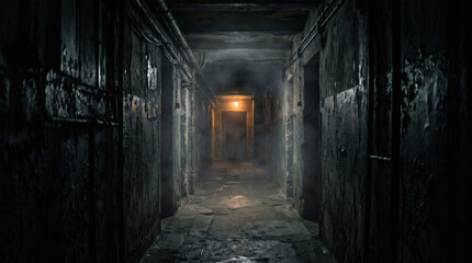 Obraz premium Horror Dark empty corridor with glowing light at the end. Abandoned hallway with mysterious fog. Halloween. Spooky interior of old building, cinematic atmosphere and conceptual suspenseful background