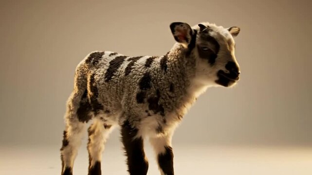 Adorable spotted baby lamb standing in studio, cute farm animal portrait on neutral background, livestock