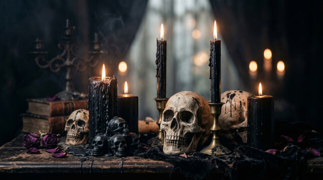 Black candles with human skulls on a wooden table. Spooky Halloween decor with gothic atmosphere. Dark ritual setup for occult or magic concept with vintage books and wilted roses in dim lighting