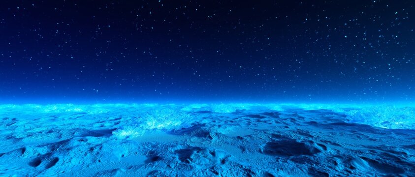 Alien lunar landscape with glowing crystalline structures under a starry sky