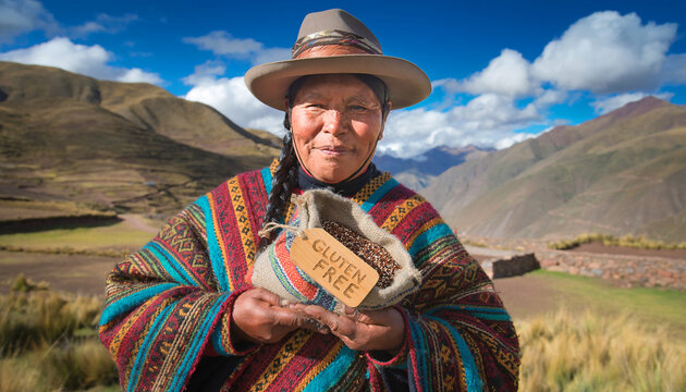 Peruvian woman holds tricolor quinoa in Andean hat and colorful poncho in the mountains of Peru