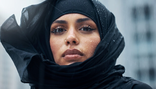 Close up of a woman wearing a black hijab in a low angle shot with raindrops on her face in an urban setting