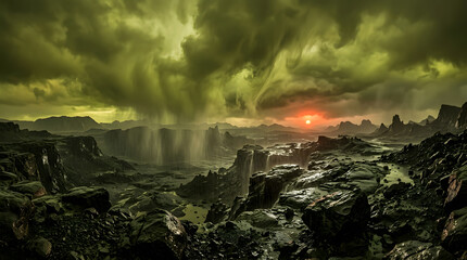 Fototapeta premium Stormy landscape with heavy rain clouds and dramatic sunset over rugged rocky terrain
