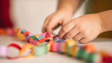 Fototapeta premium Close-up of a child's hands creating a colorful paper chain garland for decoration