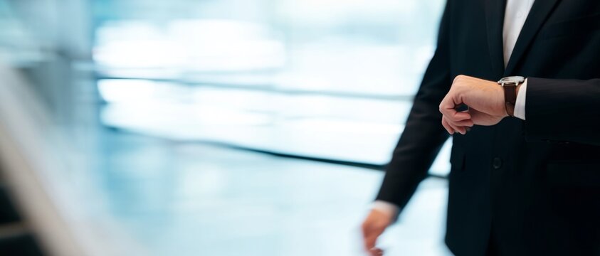 Businessman in a suit checking his watch, indicating punctuality and professionalism