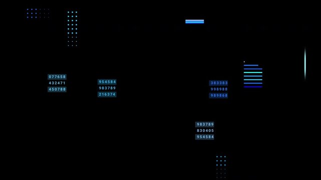 Abstract digital high tech background with numbers, data dots, pixel texture and square noise effect. Loop cycle animation with alpha channel and futuristic digital data flow concept.