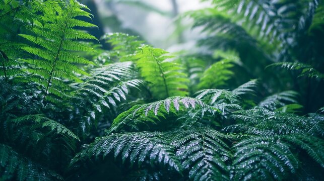 Lush green fern fronds with soft light filtering through a misty forest