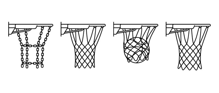 A minimalist black lineart illustration featuring basketball hoops, showcasing the transition of a ball entering and evolving through the net.