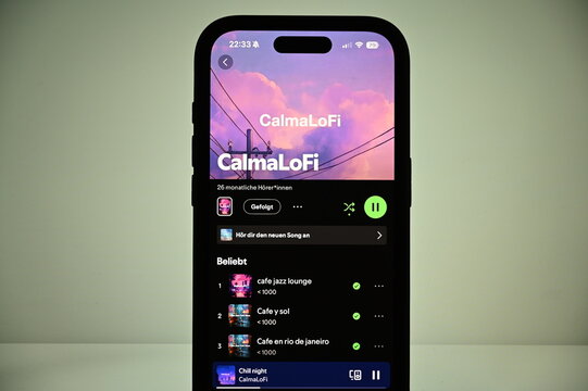 Germany &ndash; May 6, 2026: Spotify on the phone and CalmaLofi Playlist