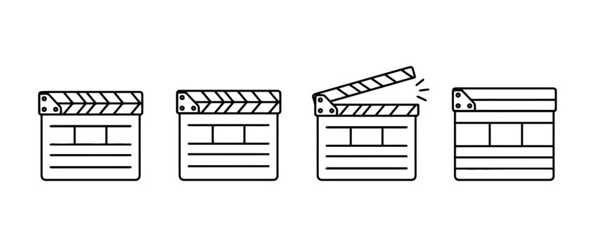 An engaging black line art depiction of film clapperboards, highlighting various angles and positions, perfect for representing cinema and movie production.