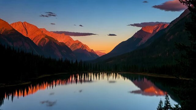 Time lapse static panoramic view of mountain range glowing as sunset light reflects on alpine lake in forested valley
