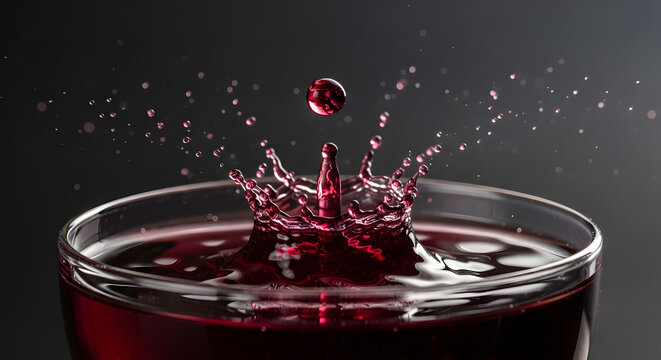 Single drop of red wine falling into a glass creating a symmetrical splash and ripples