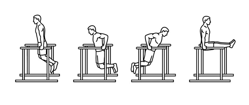This image showcases four stages of performing dips on parallel bars, focusing on body control and strength training through a clean line art style.