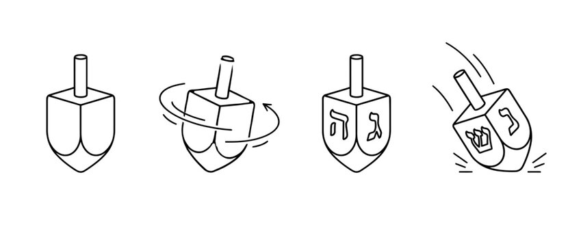 This image showcases a simple black line drawing of a dreidel in motion, capturing the essence of this festive spinning top in Jewish tradition and celebration.