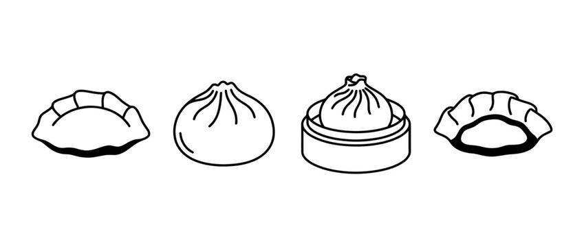 Four unique dumpling designs illustrating the variety of dumpling shapes and styles, presented in a minimal black line art style for culinary representation.